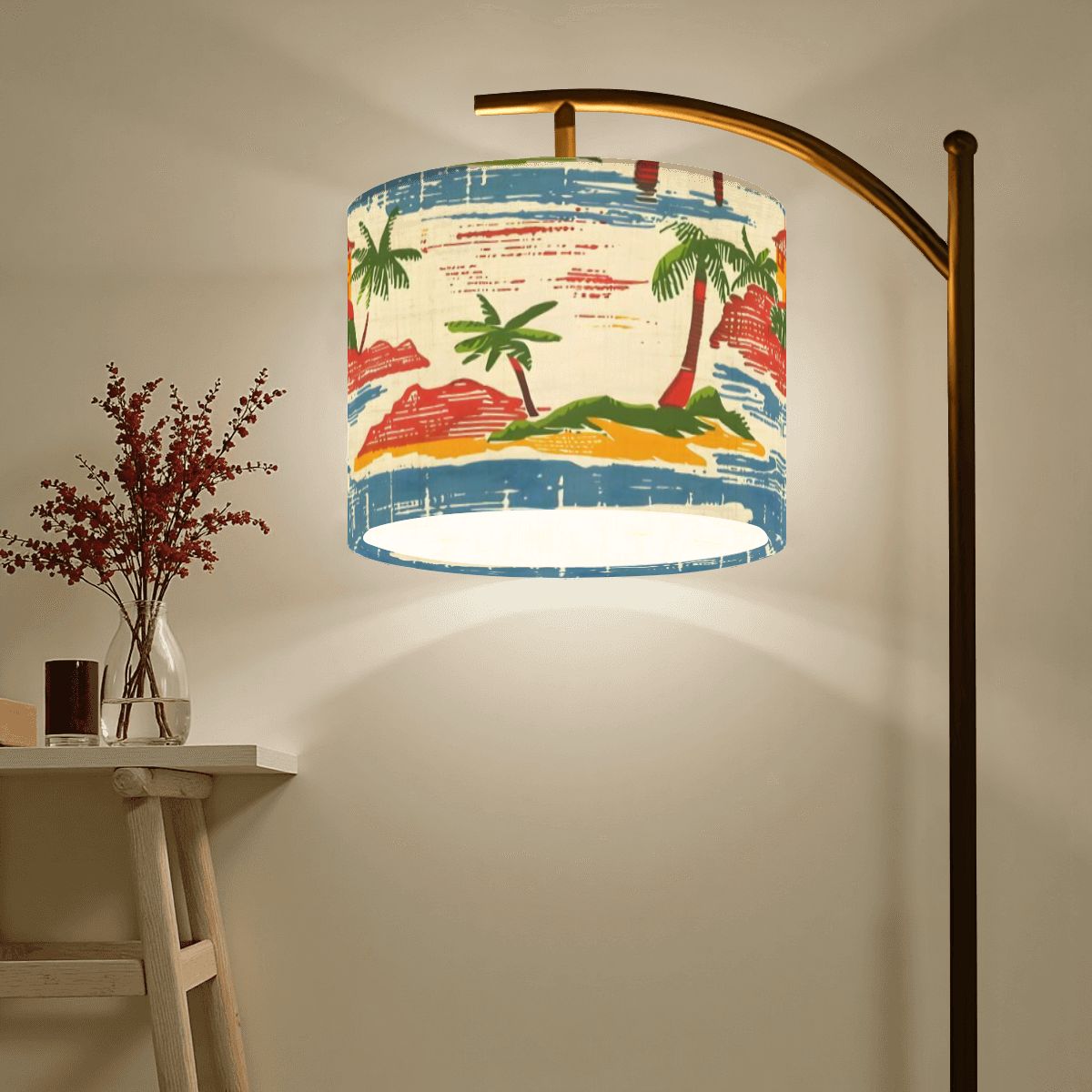 Vintage Floral Paradise Heritage Collection Palm Trees And Beach Modern Arc Floor Lamp