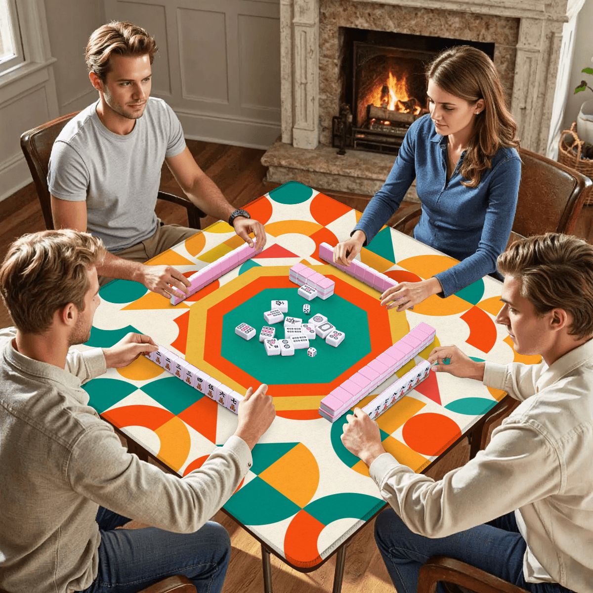 Mahjong Mat Geometric Color Splash Mahjong Mat – Teal, Yellow & Orange