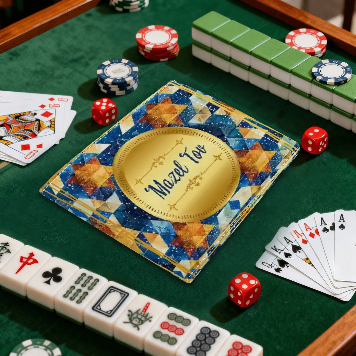 Mazel Tov Jewish Gold Gilded 4 Mahjong Card Holder with Line Finder - Splash of Color Co.