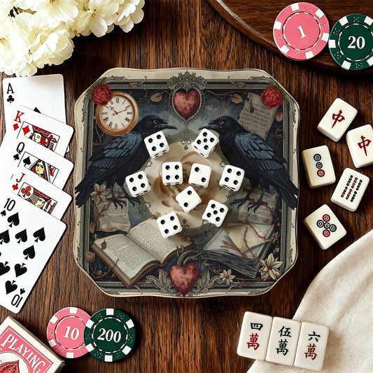 Edgar Allen Poe Raven Scalloped Ceramic Mahjong Dice Tray