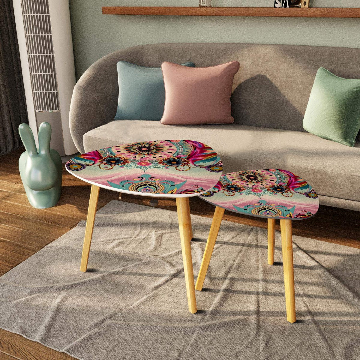 Bohemian Watercolor Bejeweled Tones Fusia Pink, Blue Boho Nesting Tables
