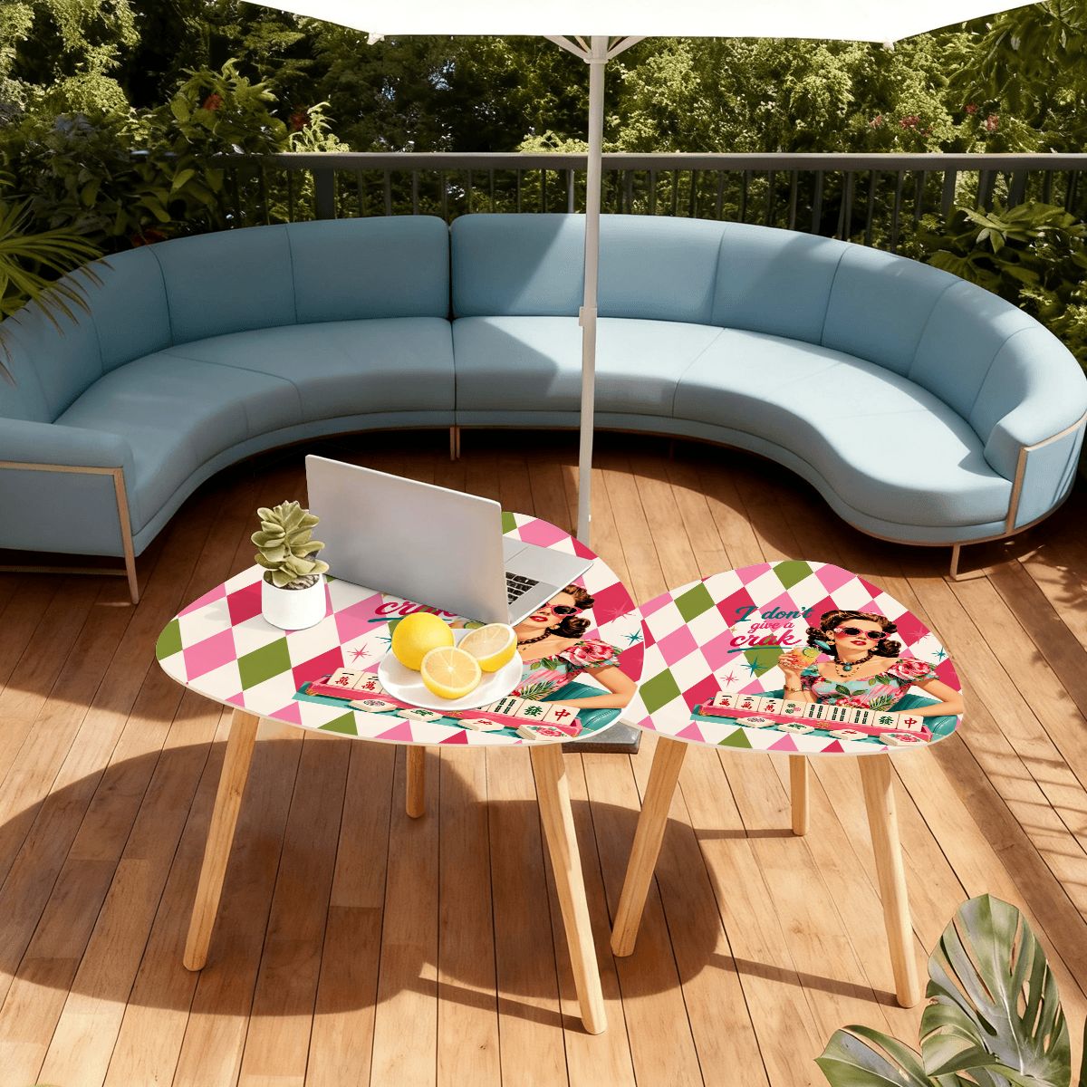 Funny I Don't Give A Crak Harlequin Designed Mahjong Side Nesting Tables