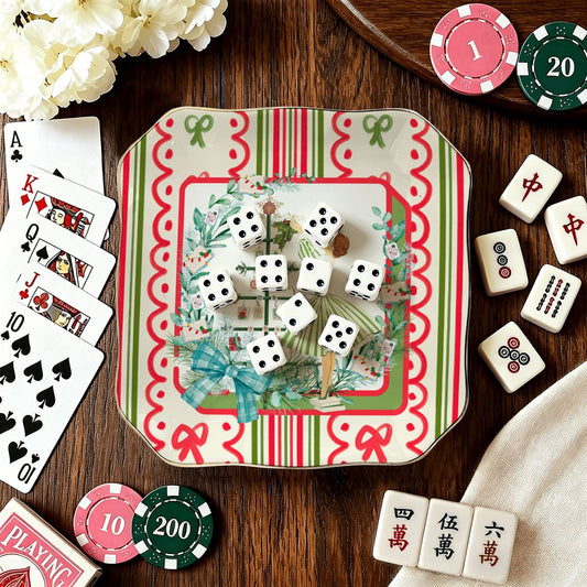 Books And Nooks Mahjong Christmas Scalloped Ceramic Mahjong Dice Tray - Splash Of Mahj And Color Co.