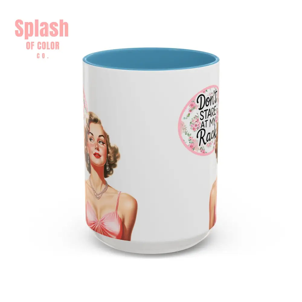 Don’t Stare At My Rack Mahjong Player Gift Funny Mahjong Playful Vintage Vibe Pin Up Girl Mahj Game Night 15 oz. Mug