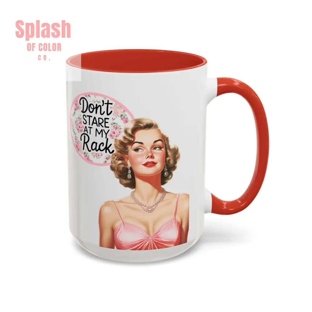 Don’t Stare At My Rack Mahjong Player Gift Funny Mahjong Playful Vintage Vibe Pin Up Girl Mahj Game Night 15 oz. Mug