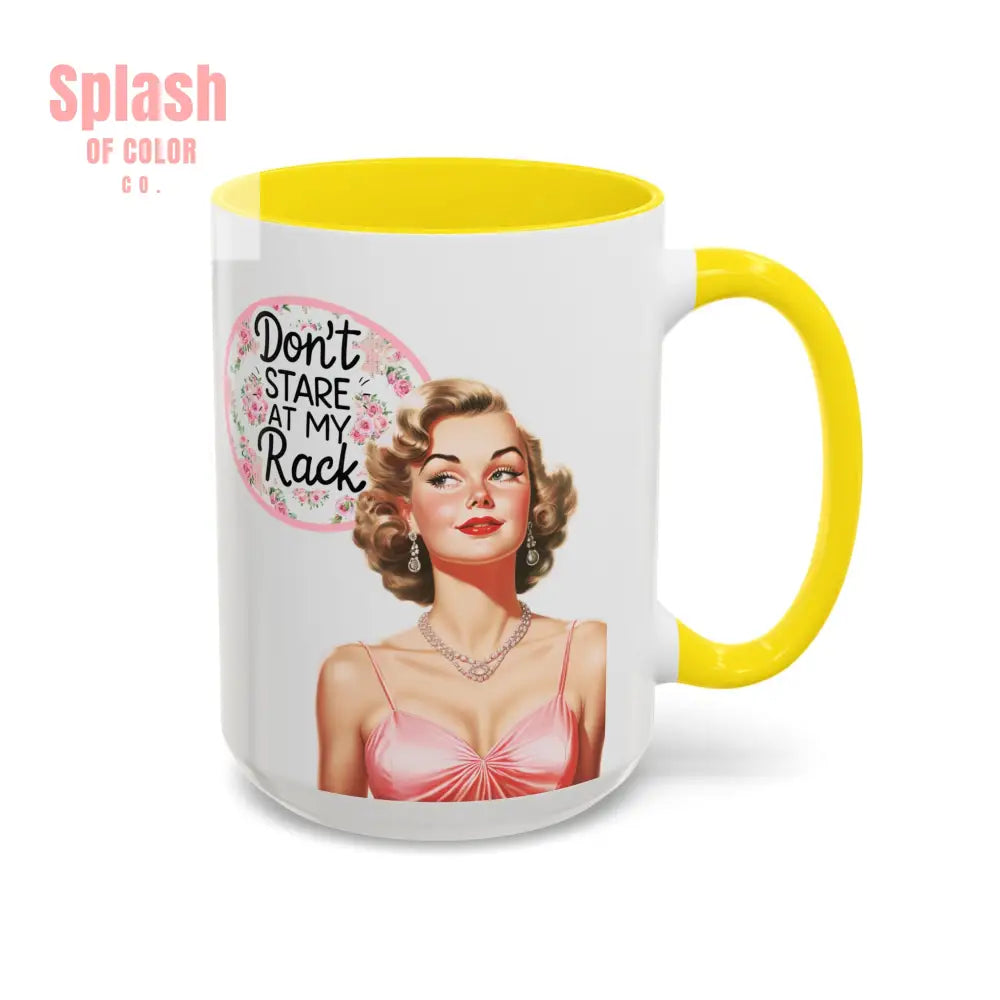 Don’t Stare At My Rack Mahjong Player Gift Funny Mahjong Playful Vintage Vibe Pin Up Girl Mahj Game Night 15 oz. Mug