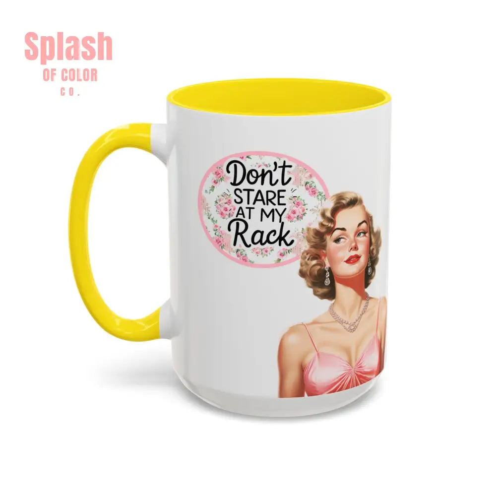 Don’t Stare At My Rack Mahjong Player Gift Funny Mahjong Playful Vintage Vibe Pin Up Girl Mahj Game Night 15 oz. Mug