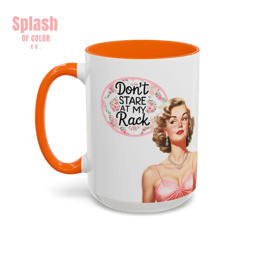 Don’t Stare At My Rack Mahjong Player Gift Funny Mahjong Playful Vintage Vibe Pin Up Girl Mahj Game Night 15 oz. Mug