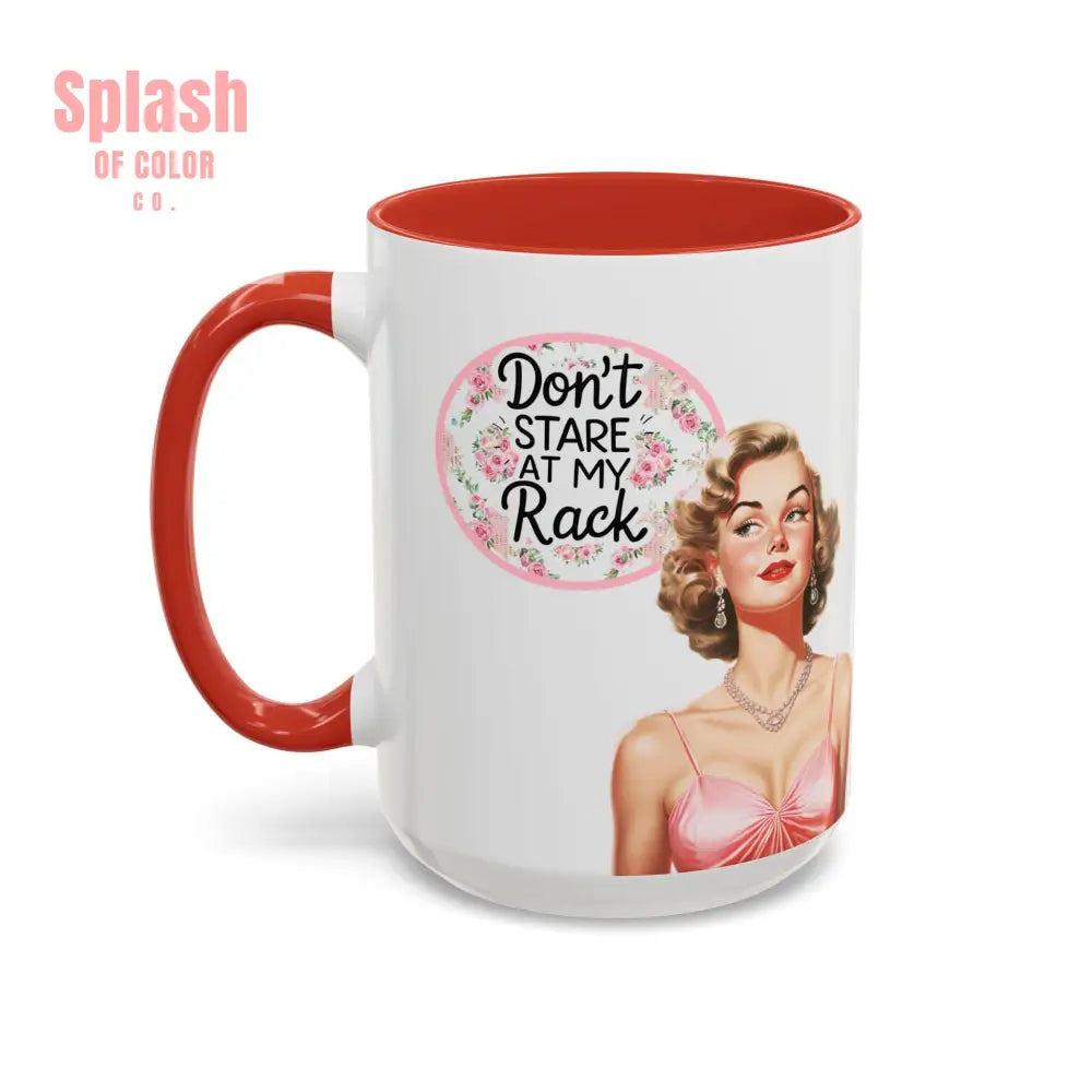 Don’t Stare At My Rack Mahjong Player Gift Funny Mahjong Playful Vintage Vibe Pin Up Girl Mahj Game Night 15 oz. Mug