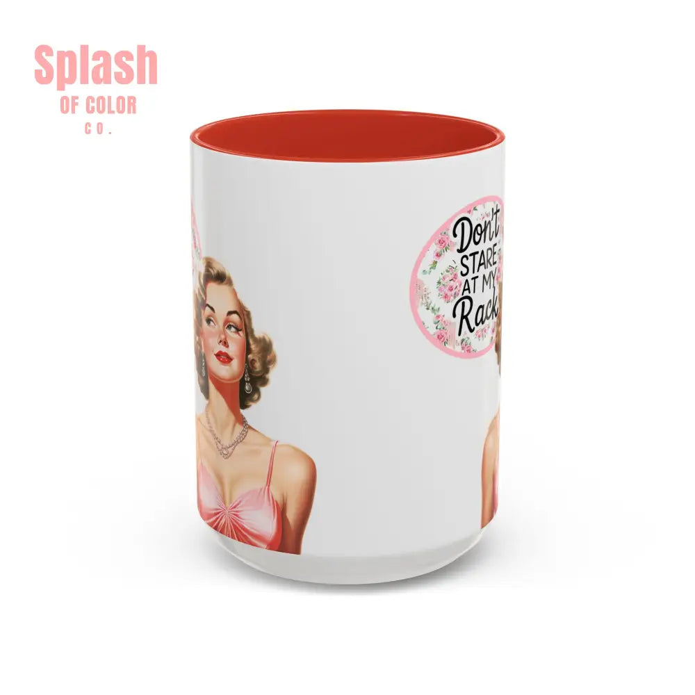 Don’t Stare At My Rack Mahjong Player Gift Funny Mahjong Playful Vintage Vibe Pin Up Girl Mahj Game Night 15 oz. Mug