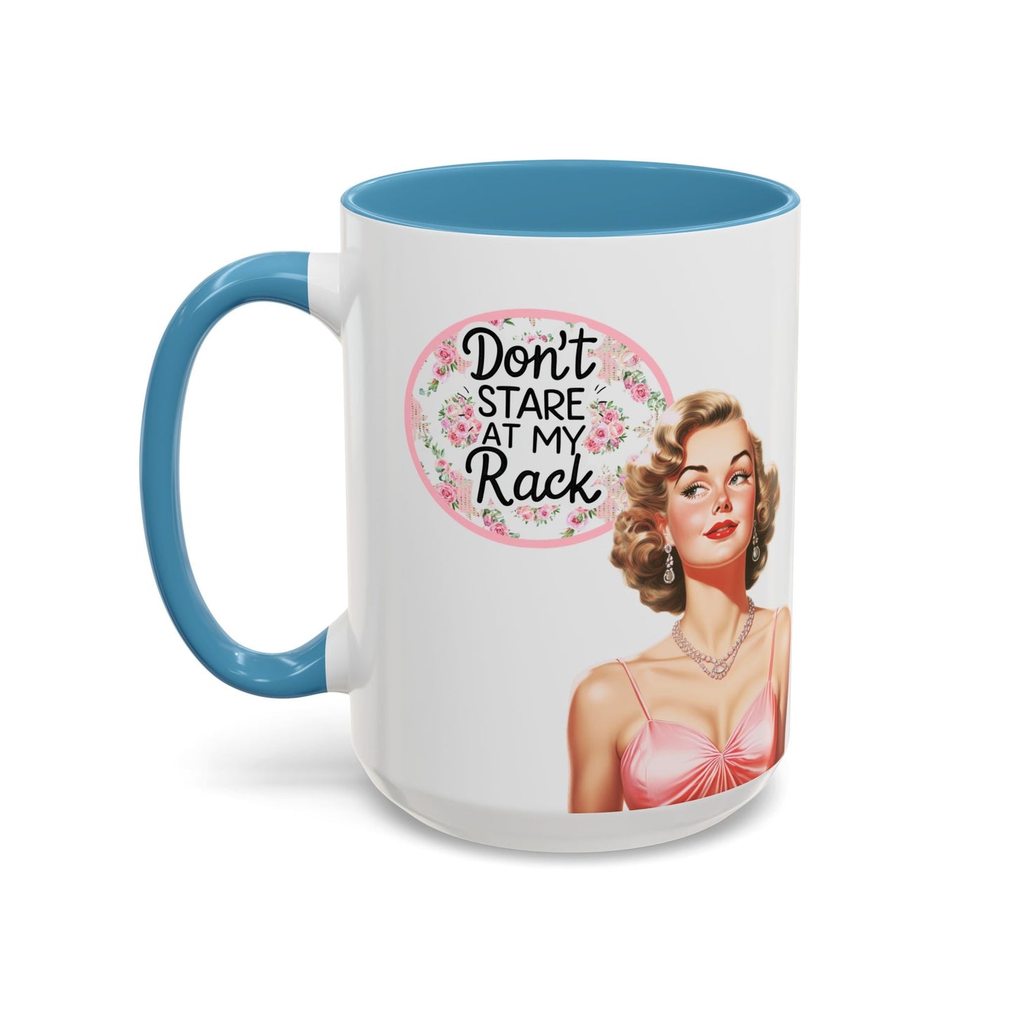 Don’t Stare At My Rack Mahjong Player Gift Funny Mahjong Playful Vintage Vibe Pin Up Girl Mahj Game Night 15 oz. Mug