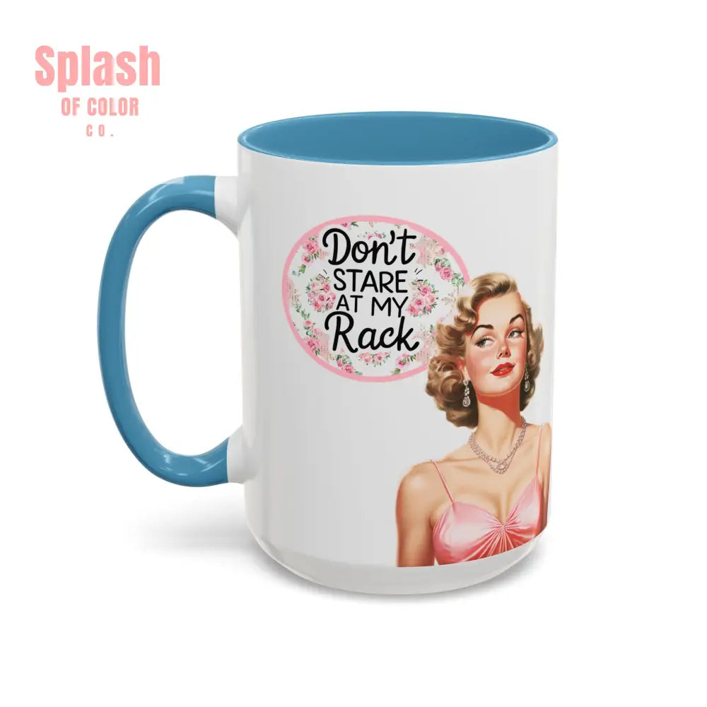 Don’t Stare At My Rack Mahjong Player Gift Funny Mahjong Playful Vintage Vibe Pin Up Girl Mahj Game Night 15 oz. Mug