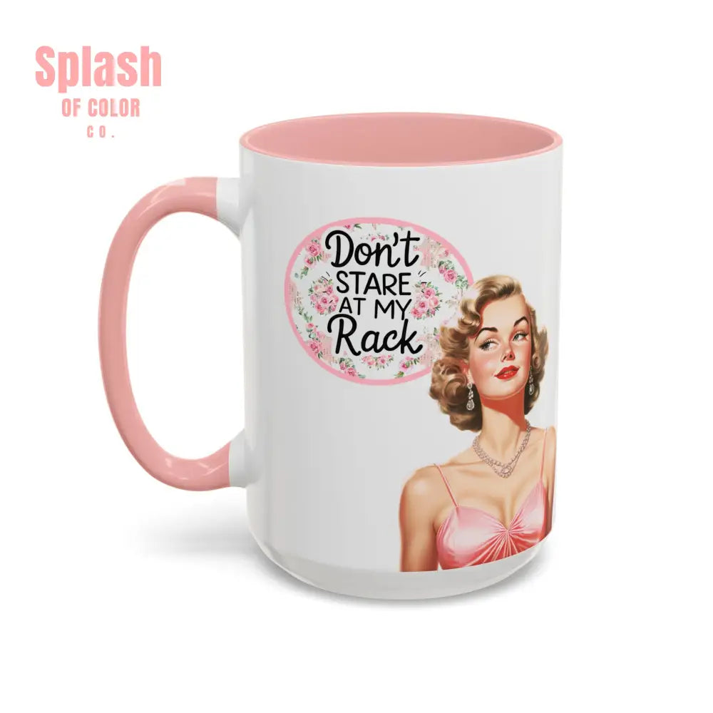 Don’t Stare At My Rack Mahjong Player Gift Funny Mahjong Playful Vintage Vibe Pin Up Girl Mahj Game Night 15 oz. Mug