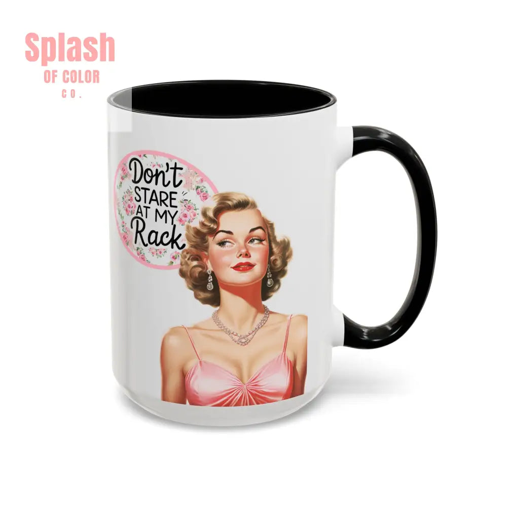 Don’t Stare At My Rack Mahjong Player Gift Funny Mahjong Playful Vintage Vibe Pin Up Girl Mahj Game Night 15 oz. Mug
