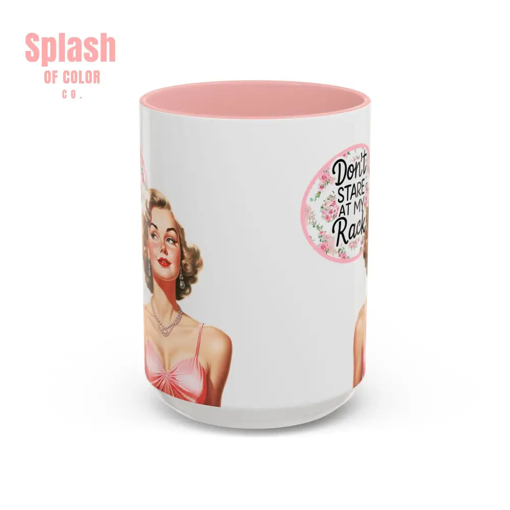 Don’t Stare At My Rack Mahjong Player Gift Funny Mahjong Playful Vintage Vibe Pin Up Girl Mahj Game Night 15 oz. Mug