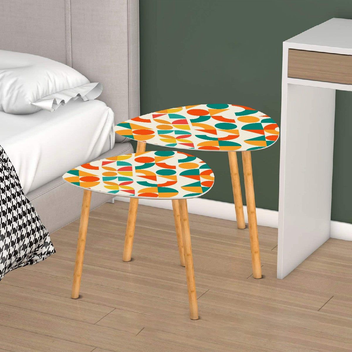 Geometric Orange, Teal Yellow, Color Pop Modern Nesting Triangle Coffee Table Set of 2
