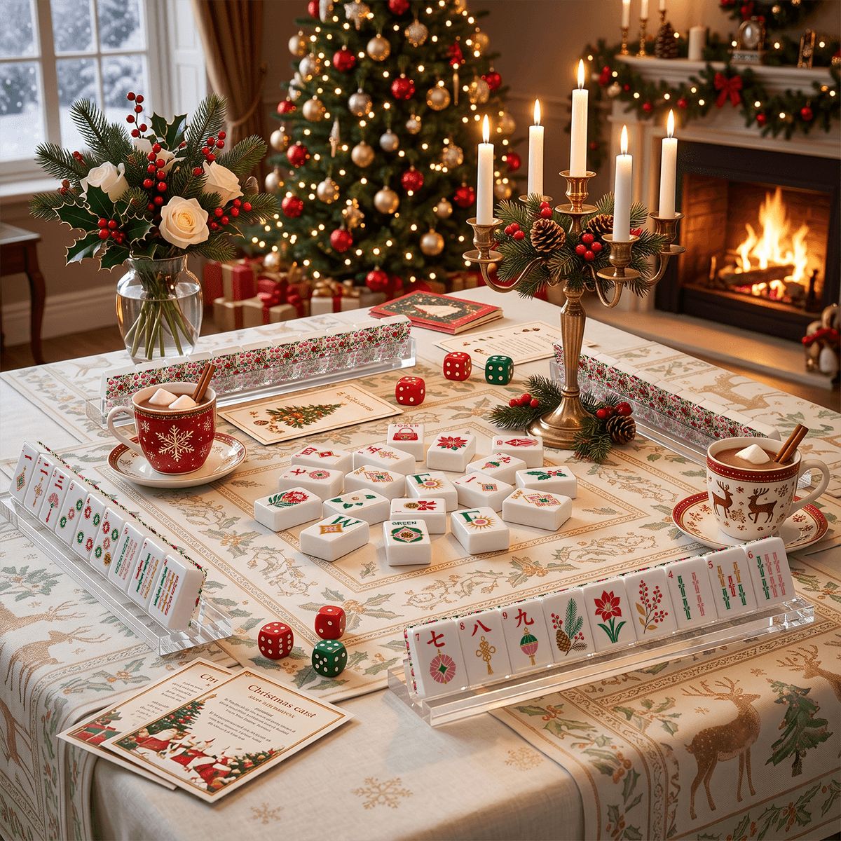 Leopard Luxe Poinsetta Glitz And Glam Holiday Christmas Mahjong Tiles And Carry Case - Splash Of Mahj And Color Co.