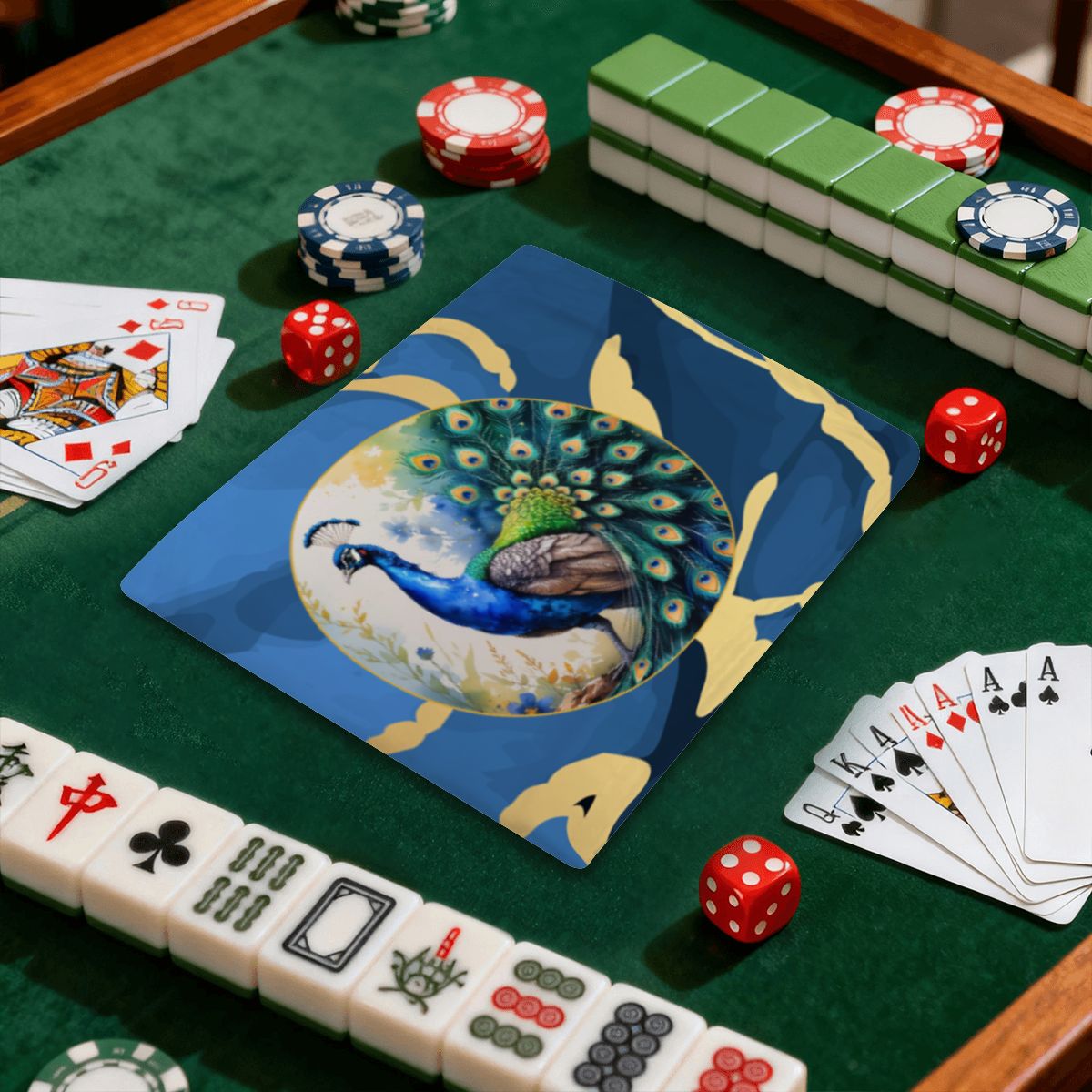 Floral Watercolor Peacock 4 Mahjong Card Holder with Line Finder