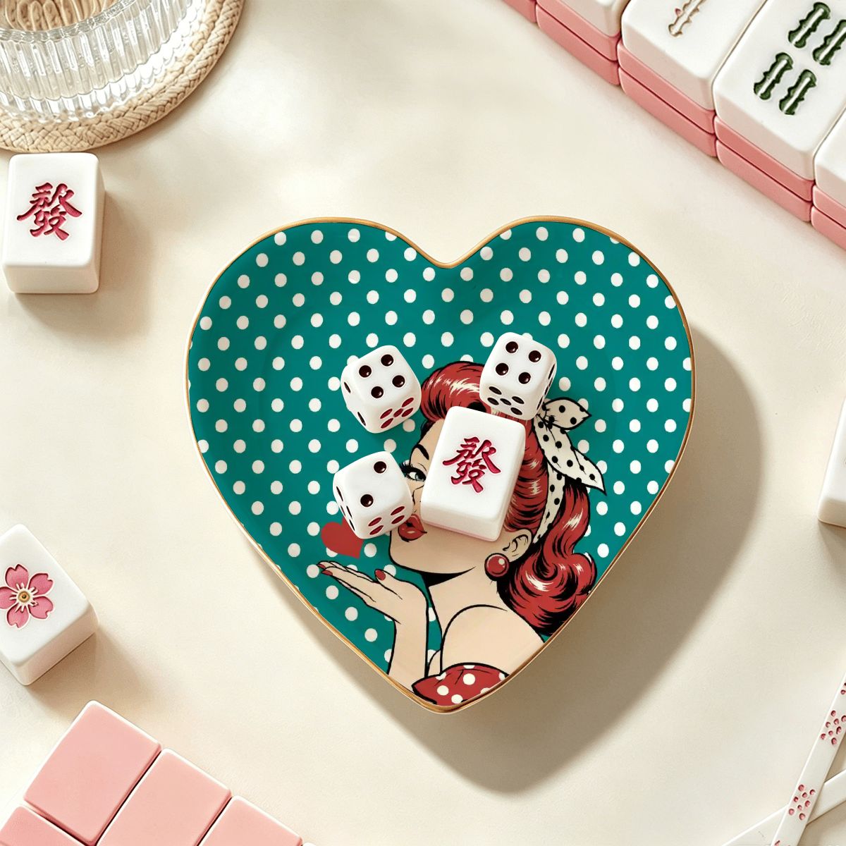 50s Modcentric Teal Polka Dot Heart Ceramic Mahjong Dice Tray