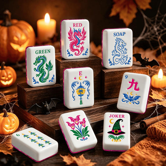 Marbled Hot Pink Dragon's Coven Halloween Mahjong Tiles With Carry Case - Splash Of Mahj And Color Co.