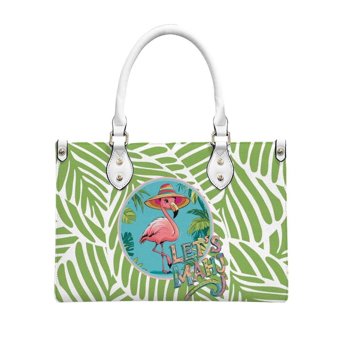 Let's Mahj Whimsical Pink Flamingo Mahjong Lover Green Tropical Shoulder Bag, Handbag, Travel