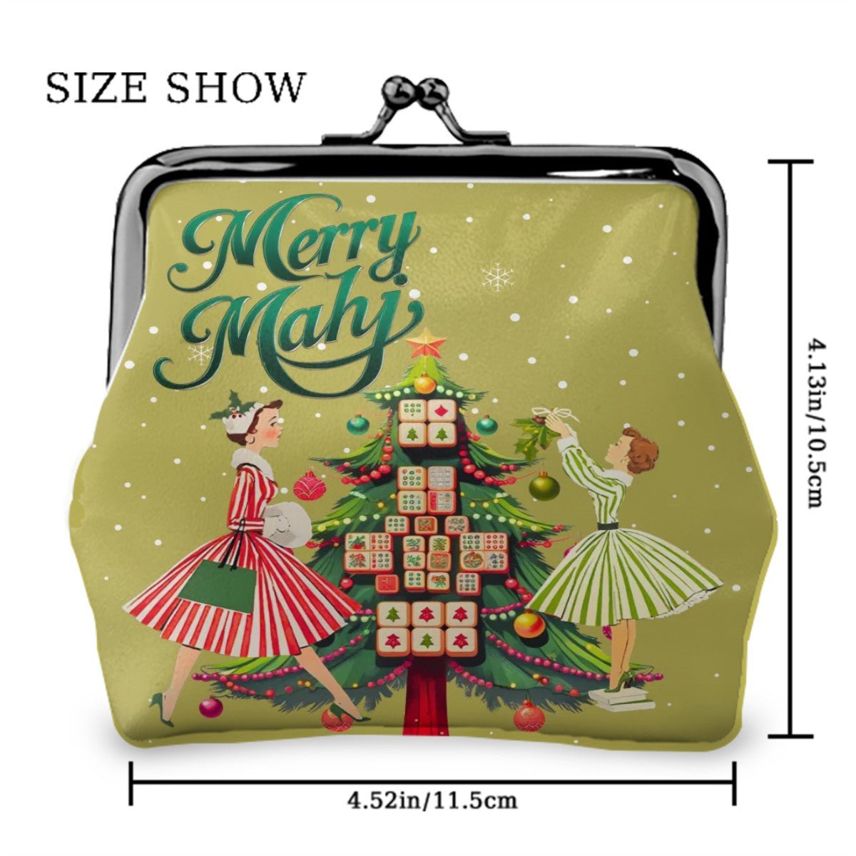 Merry Mahj Mahjong Green Christmas Nostalgia Women's Leather Kiss Lock Coin Purse - Splash Of Mahj And Color Co.
