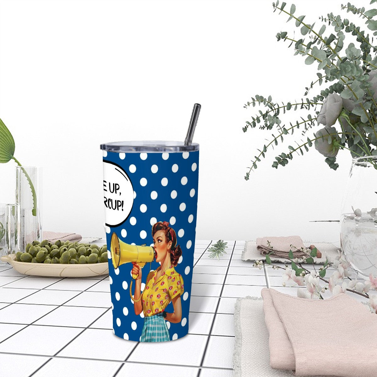 Mahjong Funny Tumbler Gift, Tile Me Up Buttercup, Blue White Polka Dot Stainless Steel Insulated Tumblers with Lid