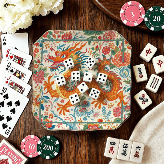 Mahjong Whimsical Dragon Scalloped Ceramic Mahjong Dice Tray - Splash Of Mahj And Color Co.
