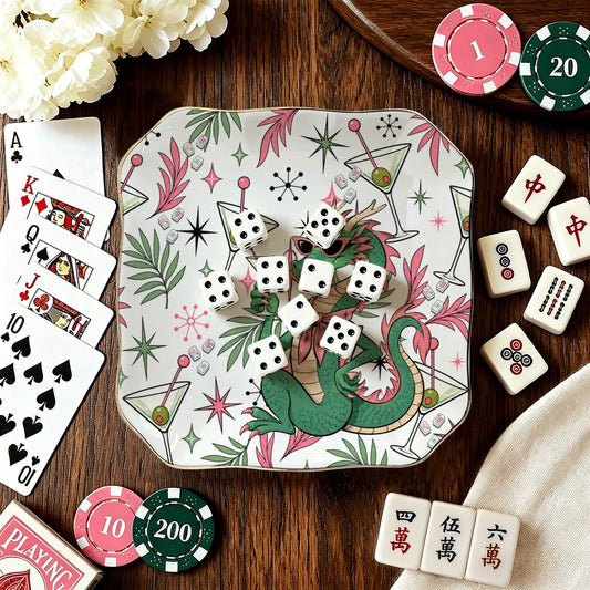 The Tipsy Dragon Scalloped Ceramic Mahjong Dice Tray - Splash Of Mahj And Color Co.