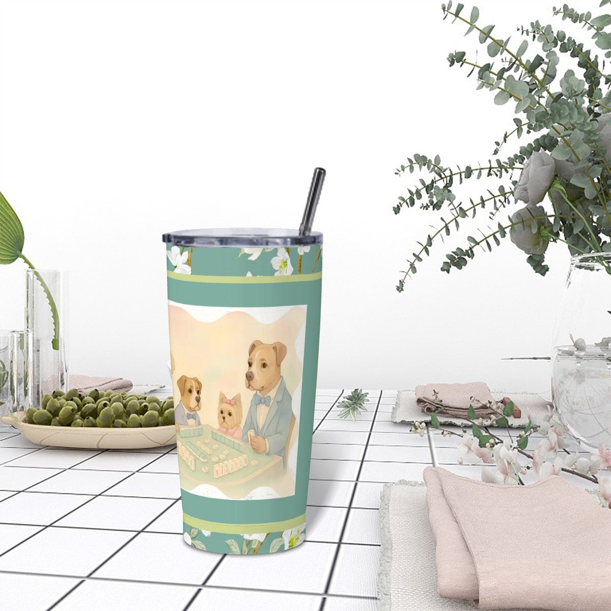 Mahjong Tumbler, Dogs Playing Mahj, Quirky Cute Stainless Steel Insulated Tumblers with Lid & Straw
