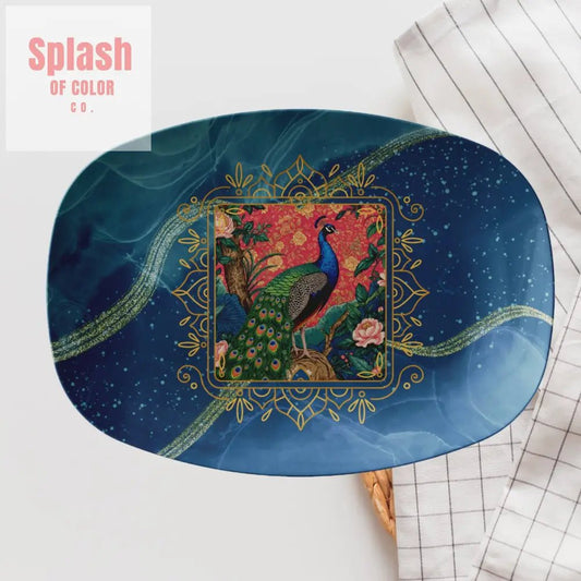 Elegant Peacock Asian Chinoiserie Watercolor Blue Hosting Party Platter - Splash of Color co.