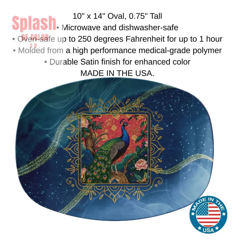 Elegant Peacock Asian Chinoiserie Watercolor Blue Hosting Party Platter - Splash of Color co.