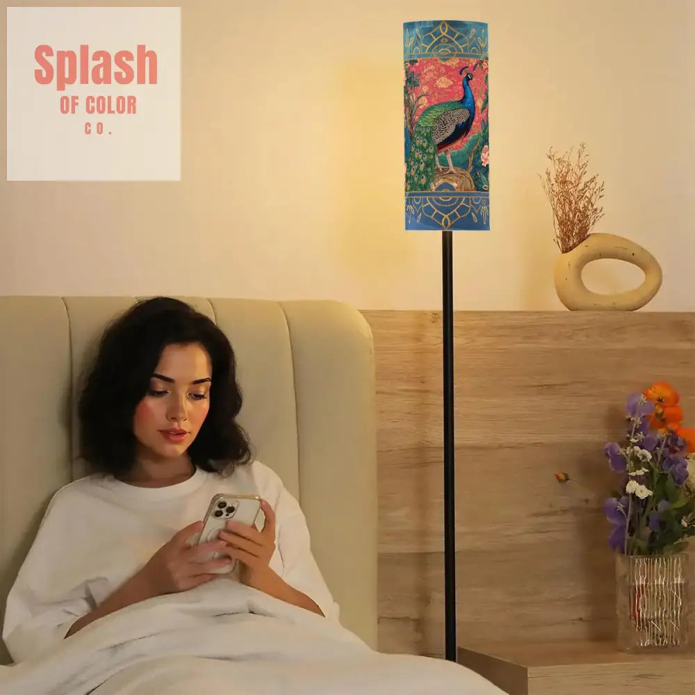 Elegant Watercolor Peacock Blue Gold Accent Asian Chinoiserie Designed Modern Floor Lamp - One Size - Floor Lamps