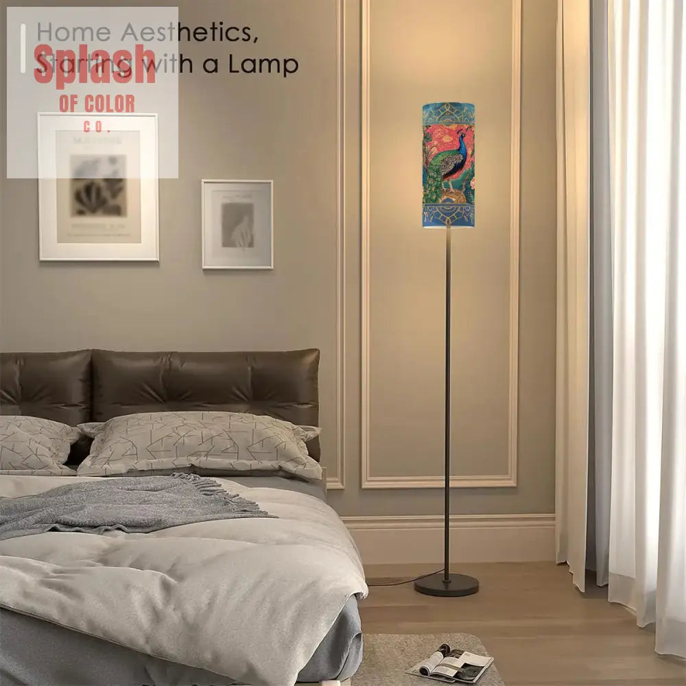 Elegant Watercolor Peacock Blue Gold Accent Asian Chinoiserie Designed Modern Floor Lamp - One Size - Floor Lamps