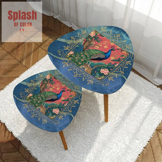Elegant Watercolor Peacock Blue Gold Accent Asian Chinoiserie Designed Nesting Tables - Splash of Color co.