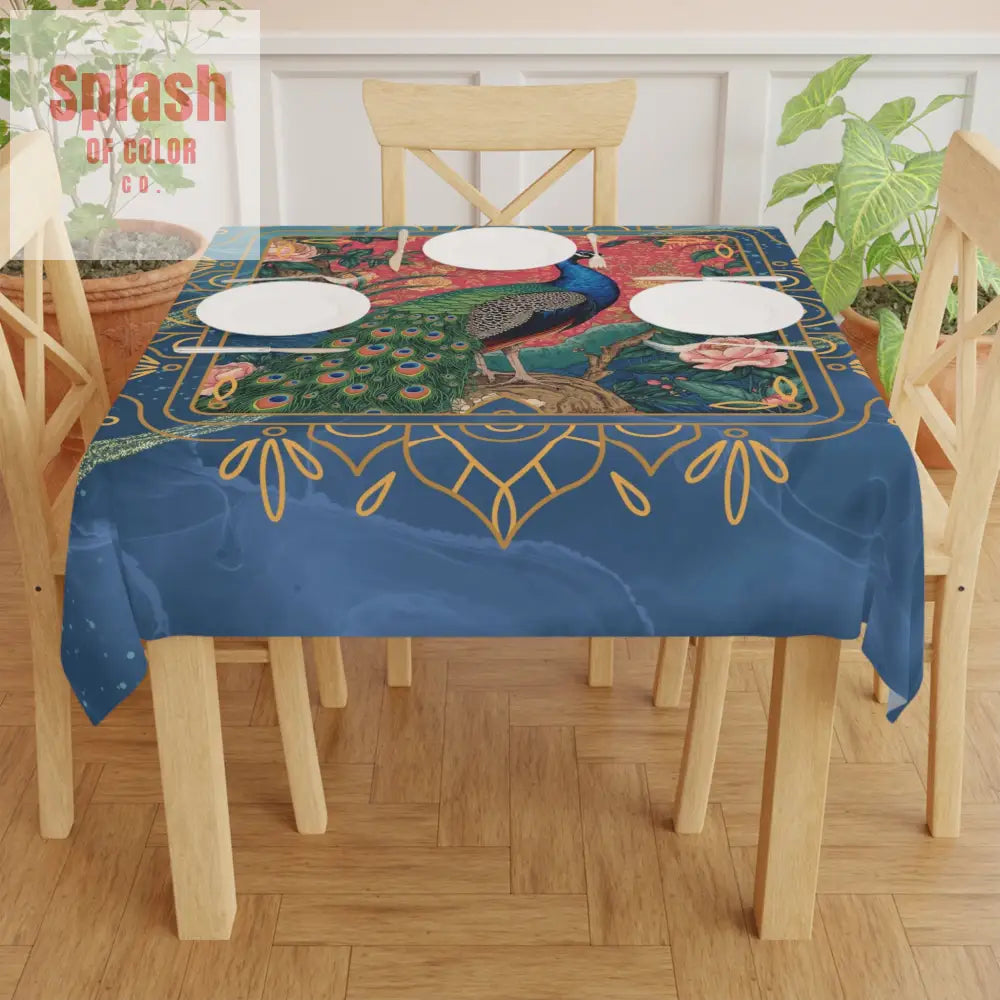 Elegant Watercolor Peacock Blue Gold Accent Asian Chinoiserie Designed Tablecloth - One size / White - Home Decor