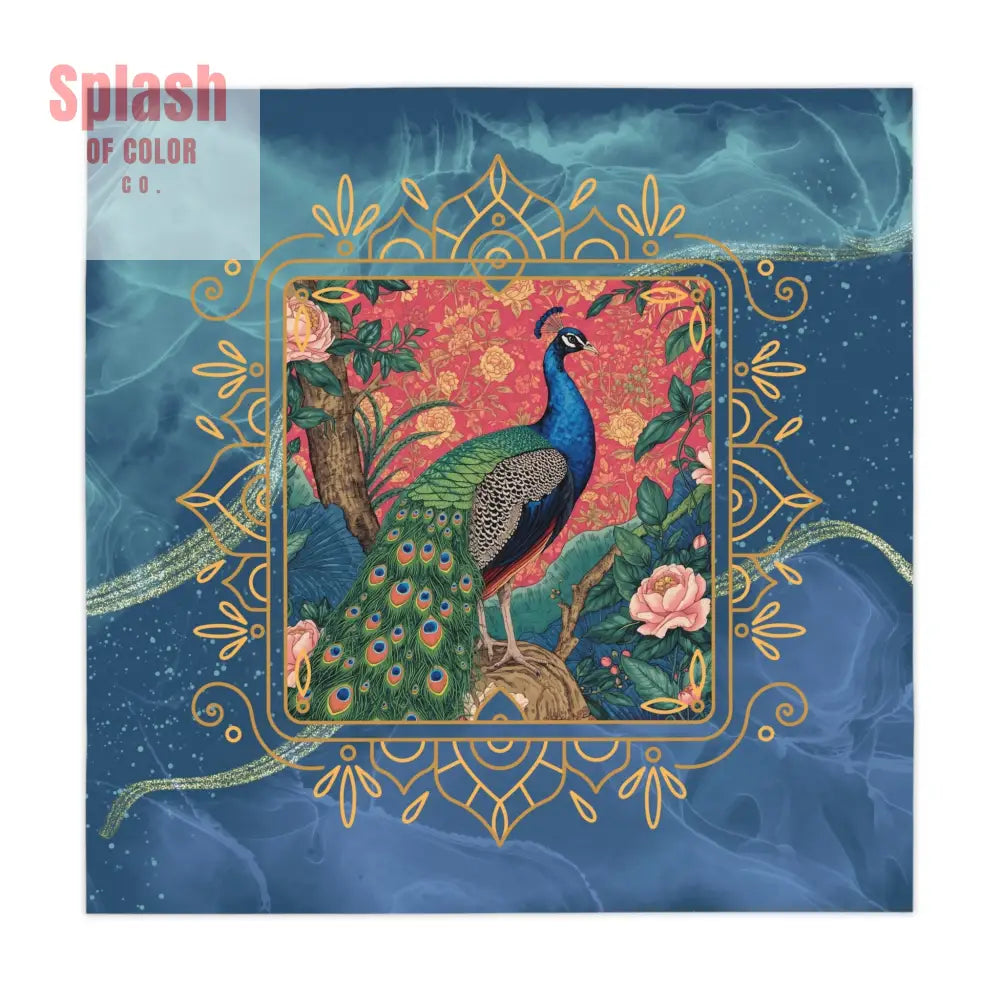 Elegant Watercolor Peacock Blue Gold Accent Asian Chinoiserie Designed Tablecloth - One size / White - Home Decor