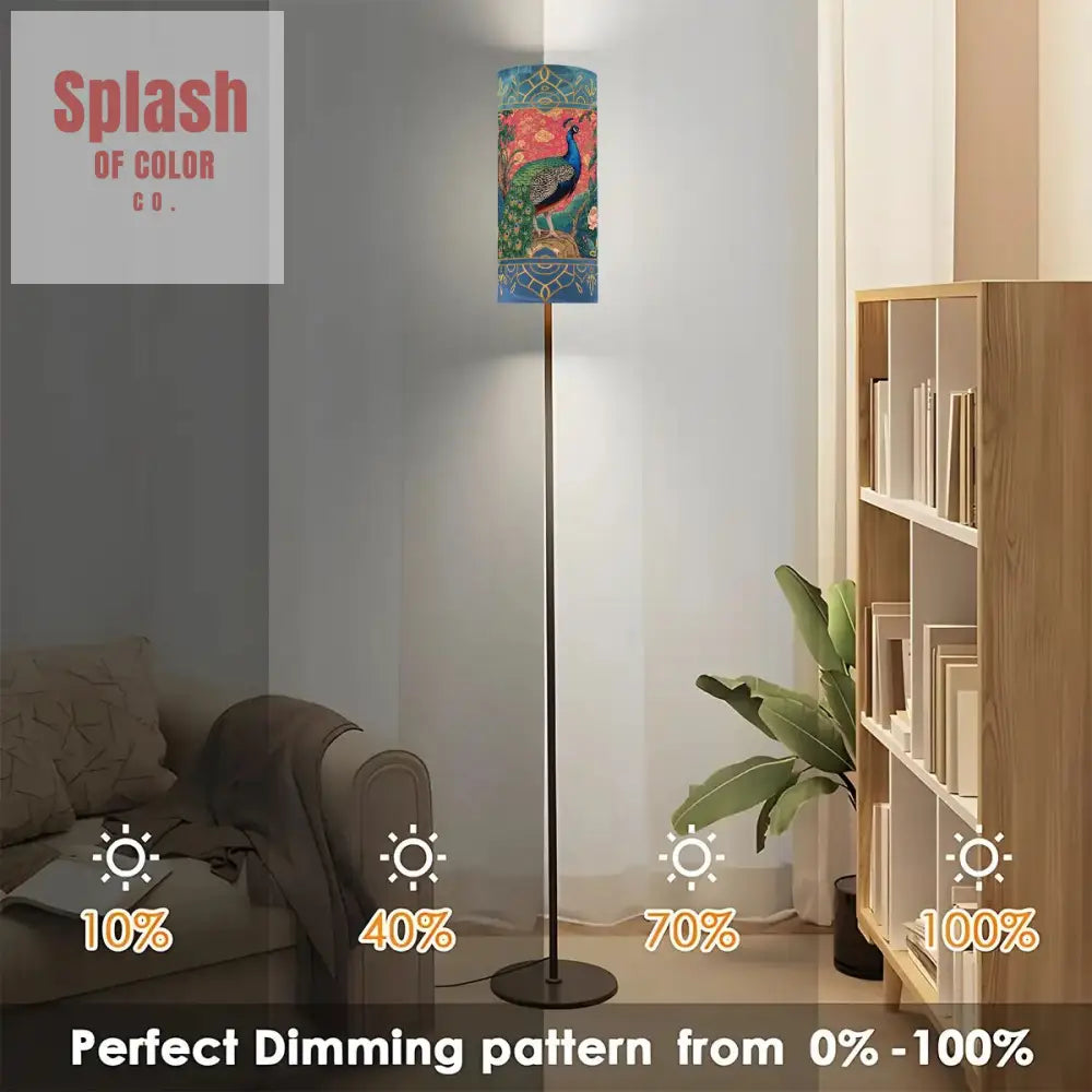 Elegant Watercolor Peacock Blue Gold Accent Asian Chinoiserie Designed Modern Floor Lamp - One Size - Floor Lamps
