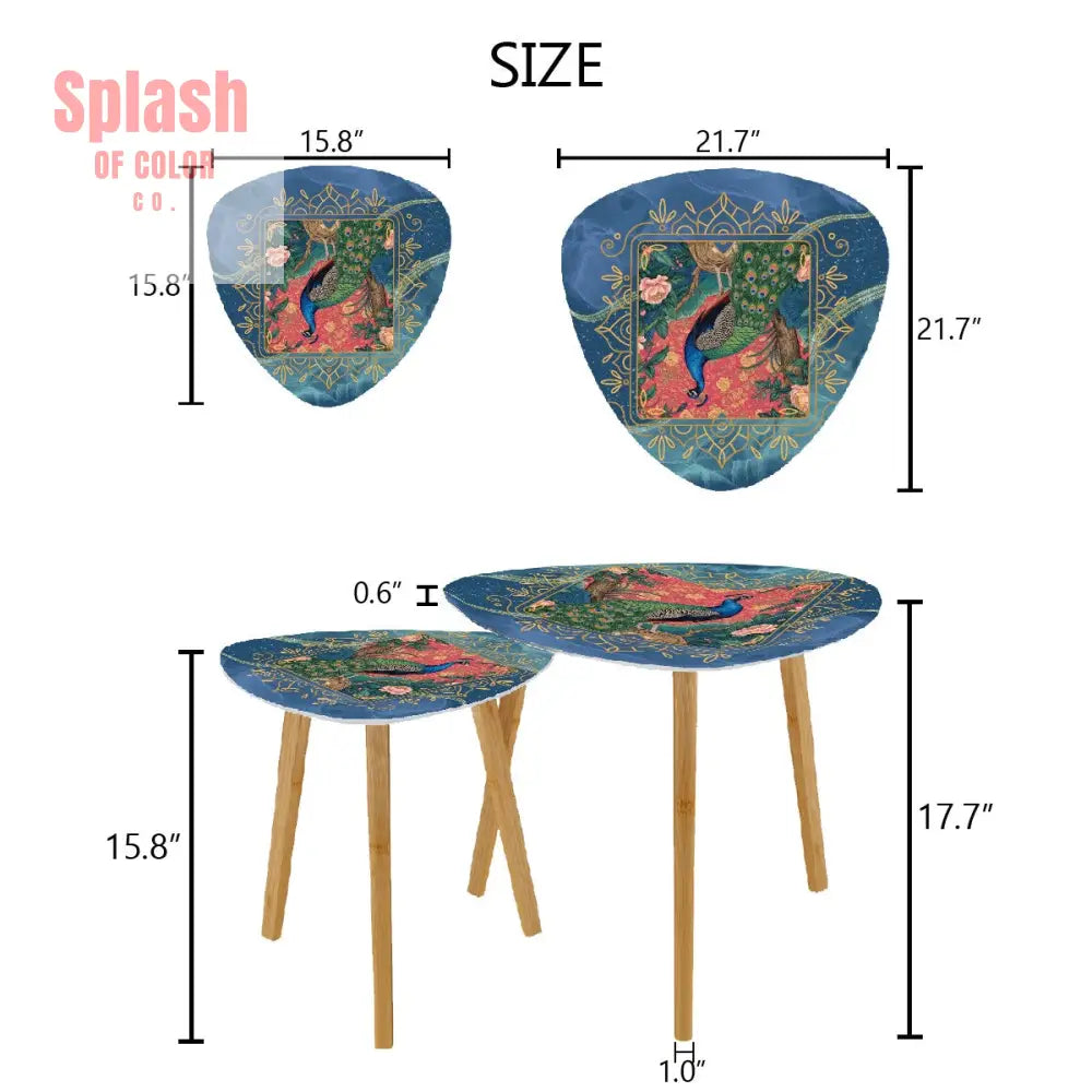 Elegant Watercolor Peacock Blue Gold Accent Asian Chinoiserie Designed Nesting Tables - One Size - Home Accessories