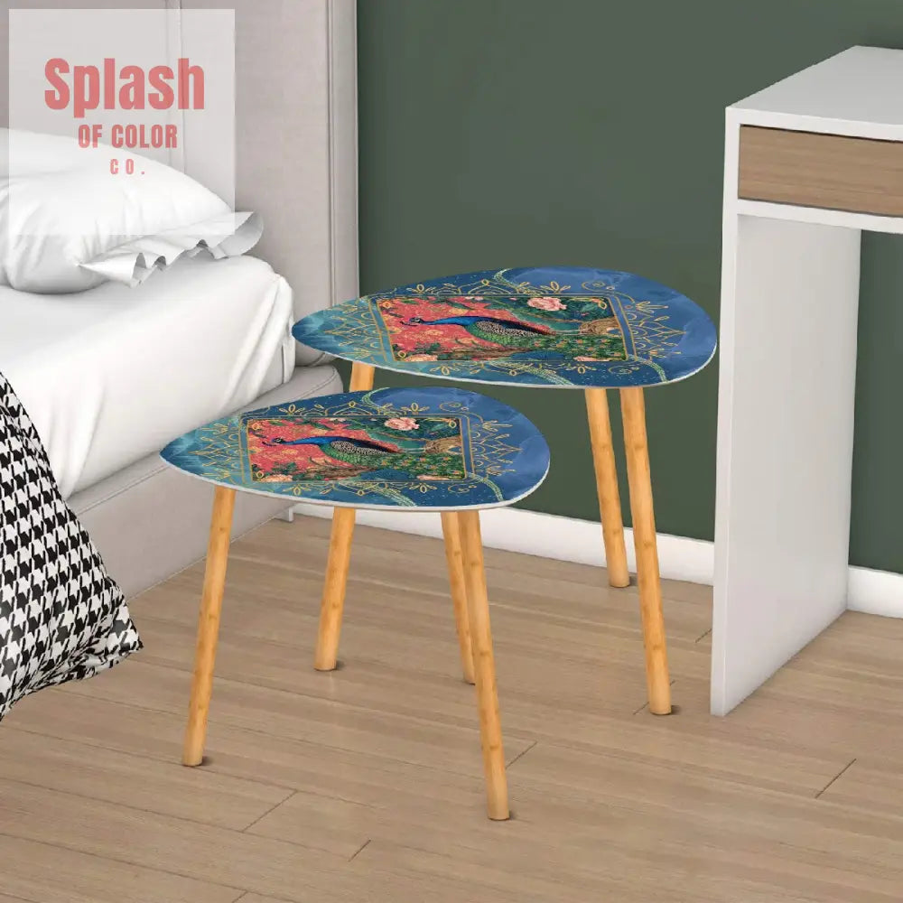 Elegant Watercolor Peacock Blue Gold Accent Asian Chinoiserie Designed Nesting Tables - One Size - Home Accessories