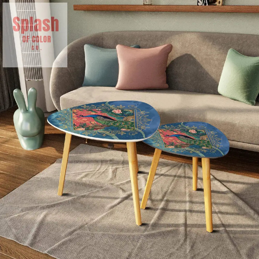 Elegant Watercolor Peacock Blue Gold Accent Asian Chinoiserie Designed Nesting Tables - One Size - Home Accessories