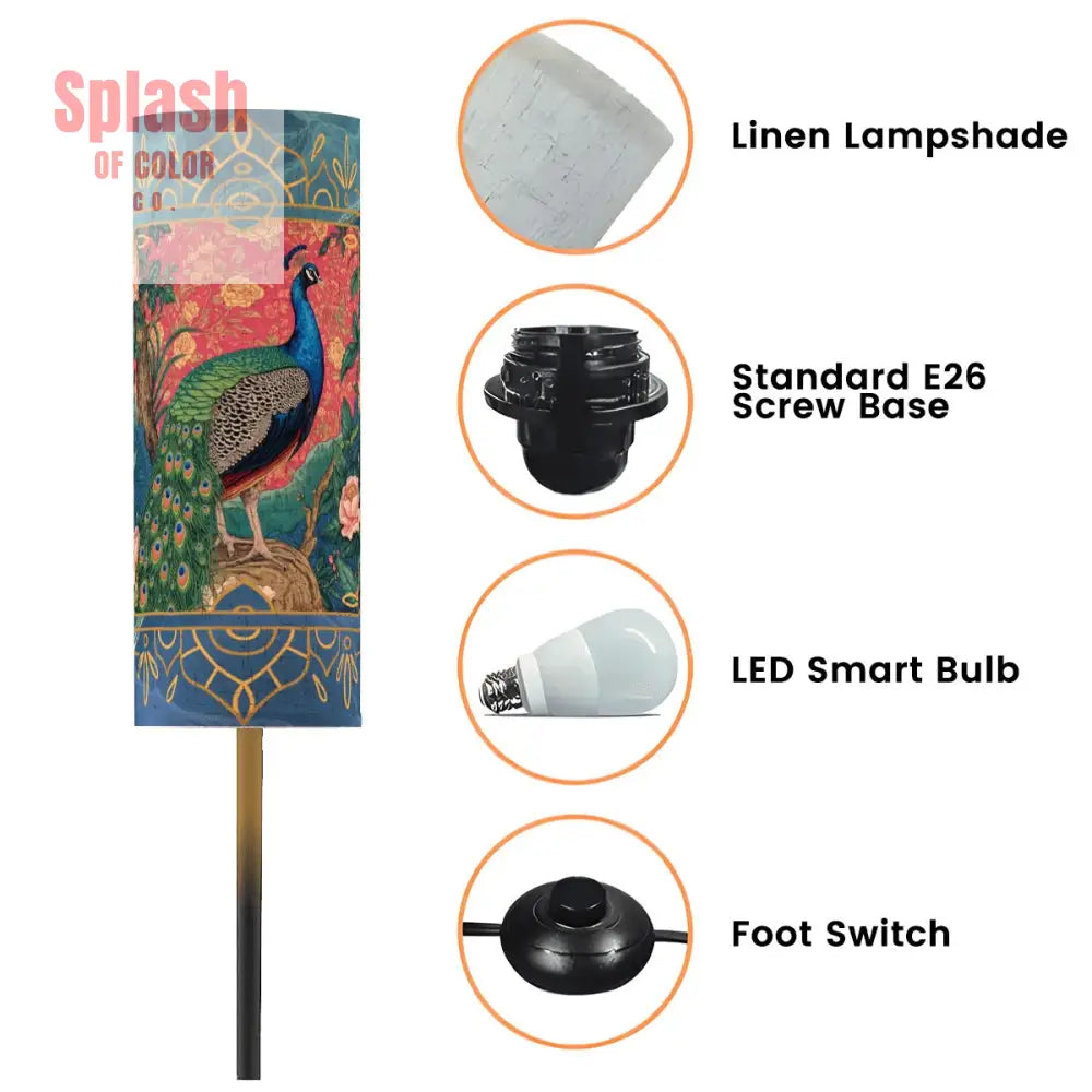 Elegant Watercolor Peacock Blue Gold Accent Asian Chinoiserie Designed Modern Floor Lamp - One Size - Floor Lamps