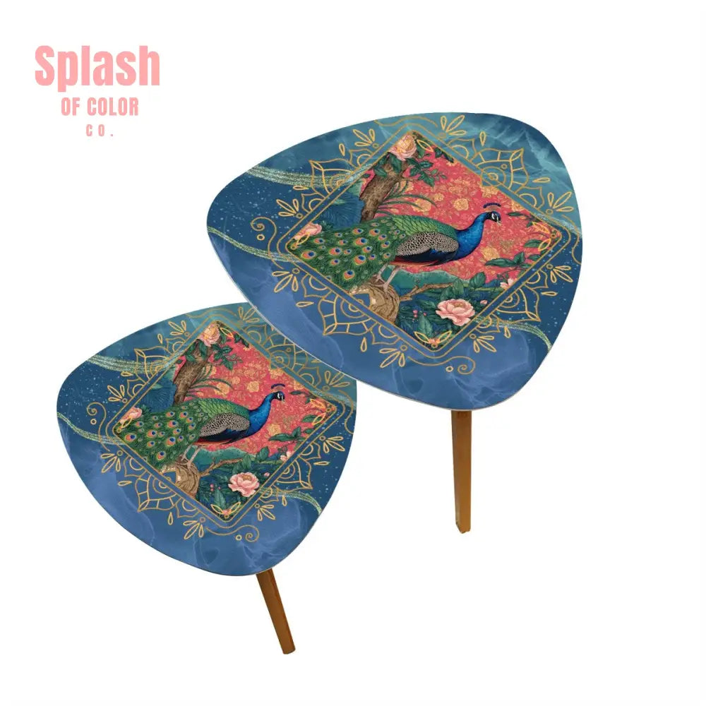Elegant Watercolor Peacock Blue Gold Accent Asian Chinoiserie Designed Nesting Tables - One Size - Home Accessories