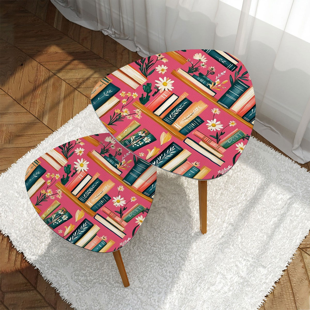 Reading Nook Hot Pink Floral Designed Cozy Modern Triangle Coffee Table Set of 2