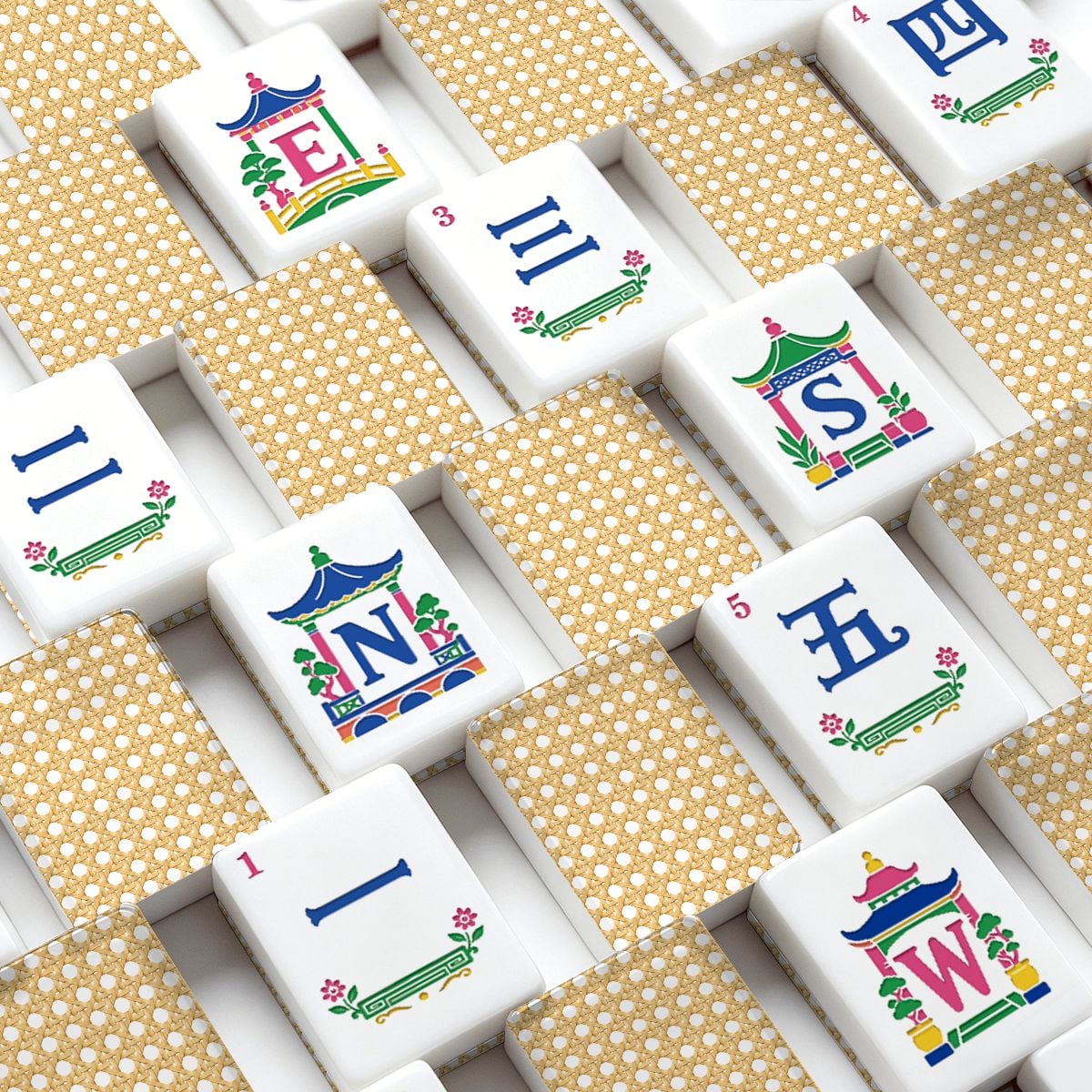 Vintage Cane Back Chinoiserie American Engraved Mahjong Tiles - Splash Of Mahj And Color Co.