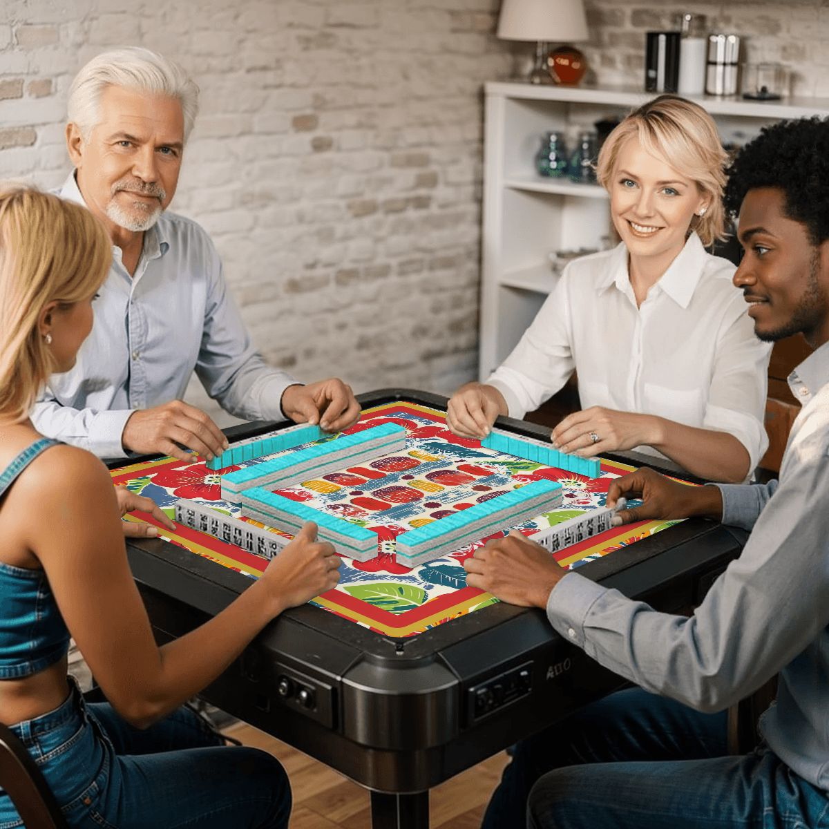 Mahjong Mat Floral Heritage Burst Of Color, Red, Teal Orange Green Tropical Mahj Mat