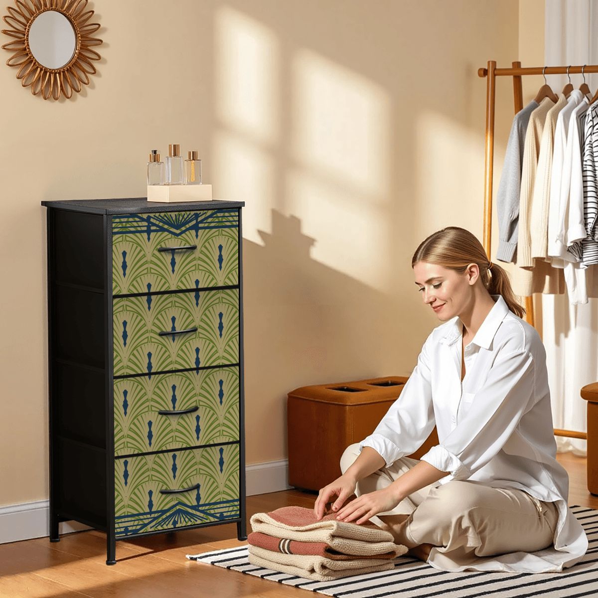 Art Deco Army Green, Royal Blue 4 - Drawer Dresser - Splash of Color Co.