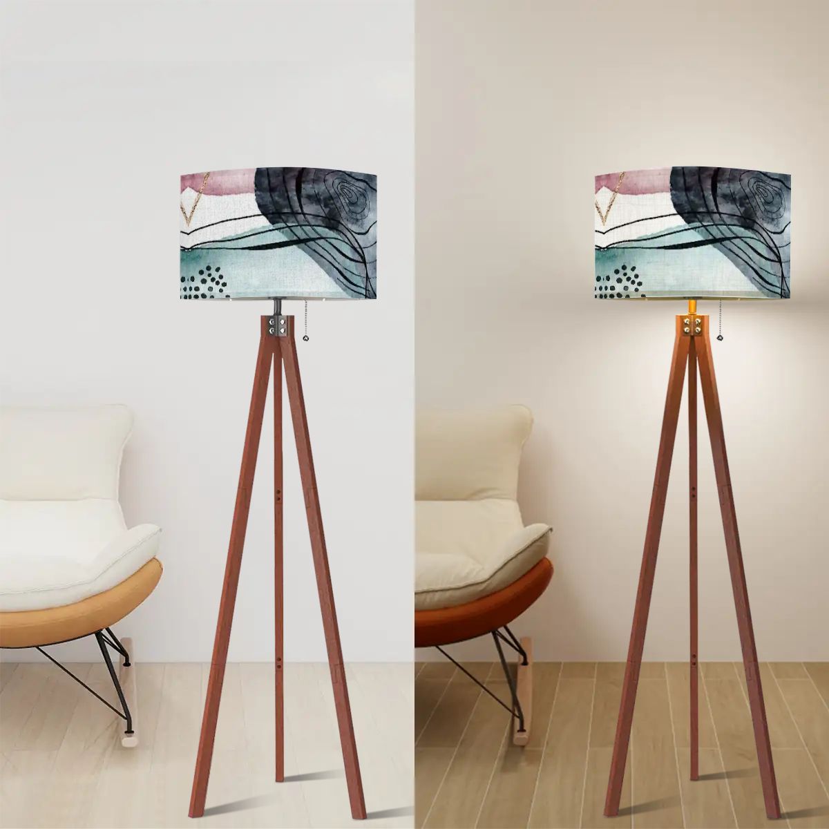 Bohemain Watercolor Blue, Blush Abstract Modern Tripod Floor Lamp