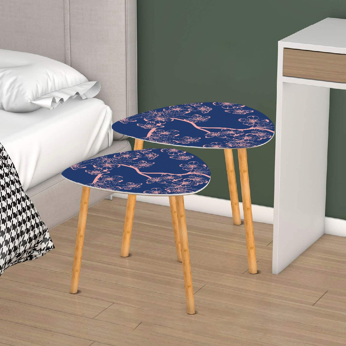 Asian Royal Blue Pink Floral Zen Nesting Triangle Coffee Tables