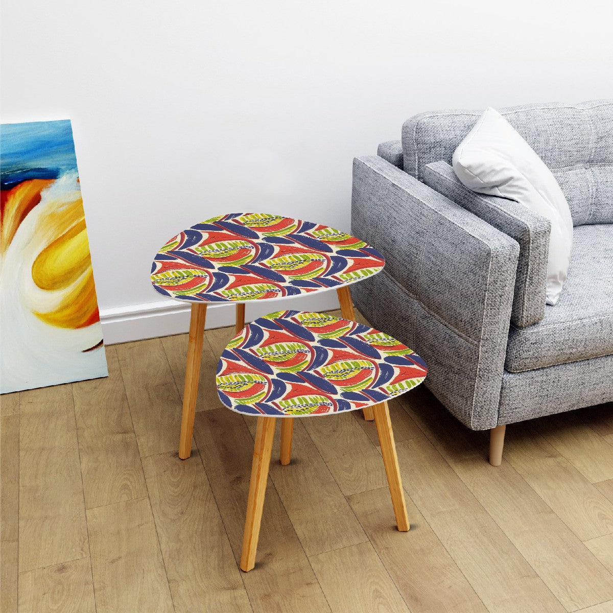 Modern Heritage Abstract Coral Blue, Citrus Green Nesting Tables Triangle Coffee Tables